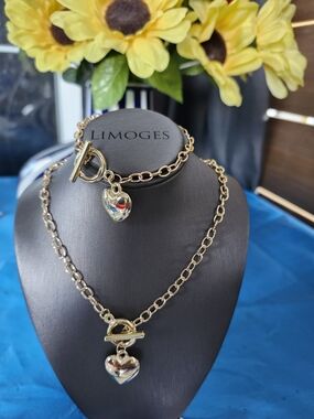 Limoges Gold Heart Toggle Necklace and Bracelet Set
